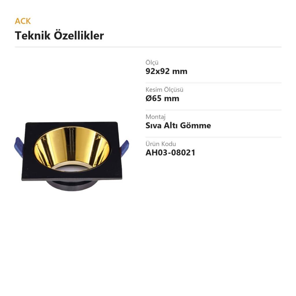 ACK Alüminyum Boş Spot Kasası / Armatürü Kare (Siyah-Gold) AH03-08021 - 4