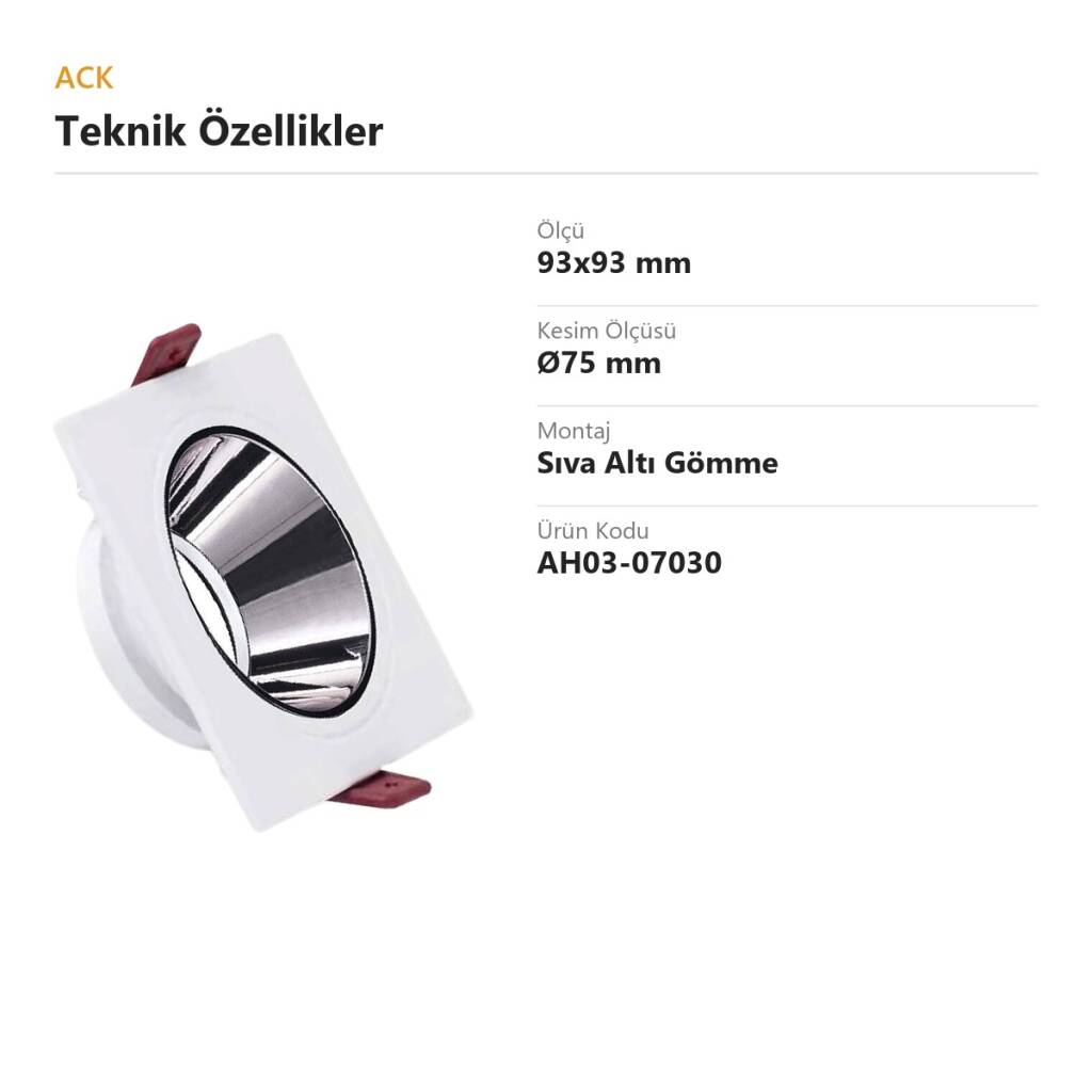 ACK Alüminyum Boş Spot Kasası / Armatürü Kare (Tekli) (Beyaz-Platin Silver) AH03-07030 - 4