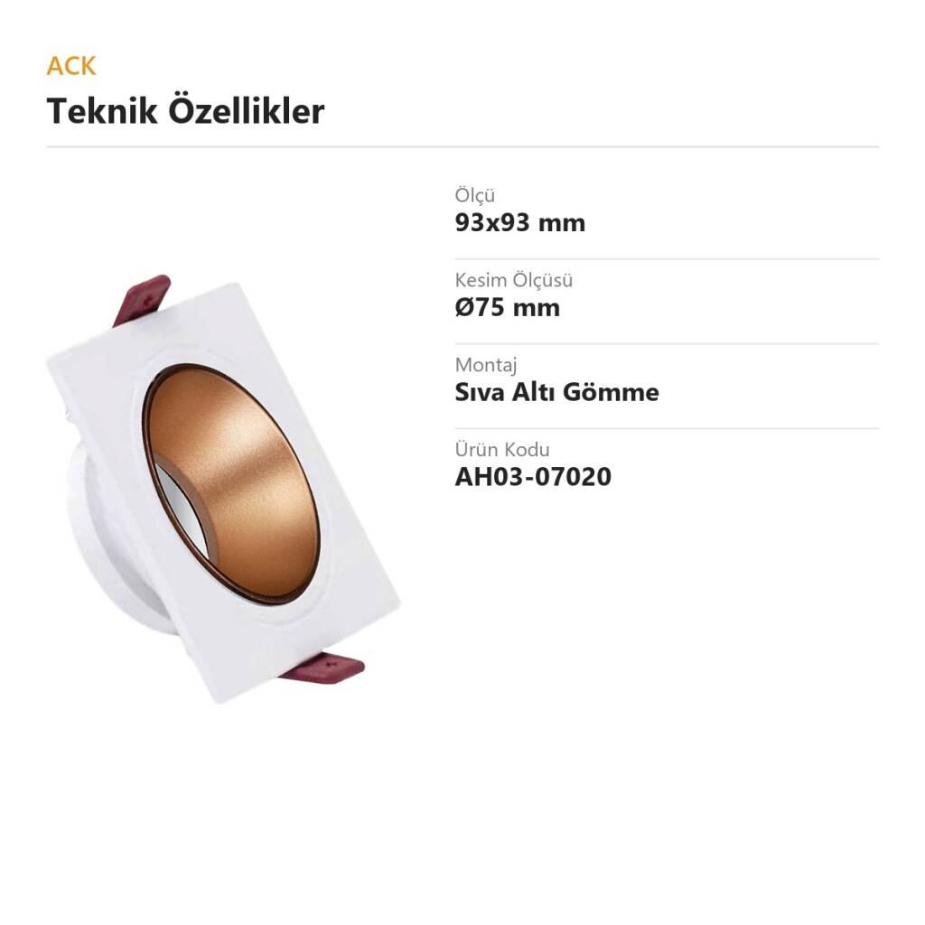 ACK Alüminyum Boş Spot Kasası / Armatürü Kare (Tekli) (Beyaz-Rose Gold) AH03-07020 - 4