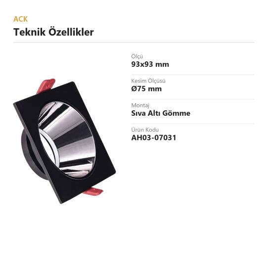 ACK Alüminyum Boş Spot Kasası / Armatürü Kare (Tekli) (Siyah-Platin Silver) AH03-07031 - 4