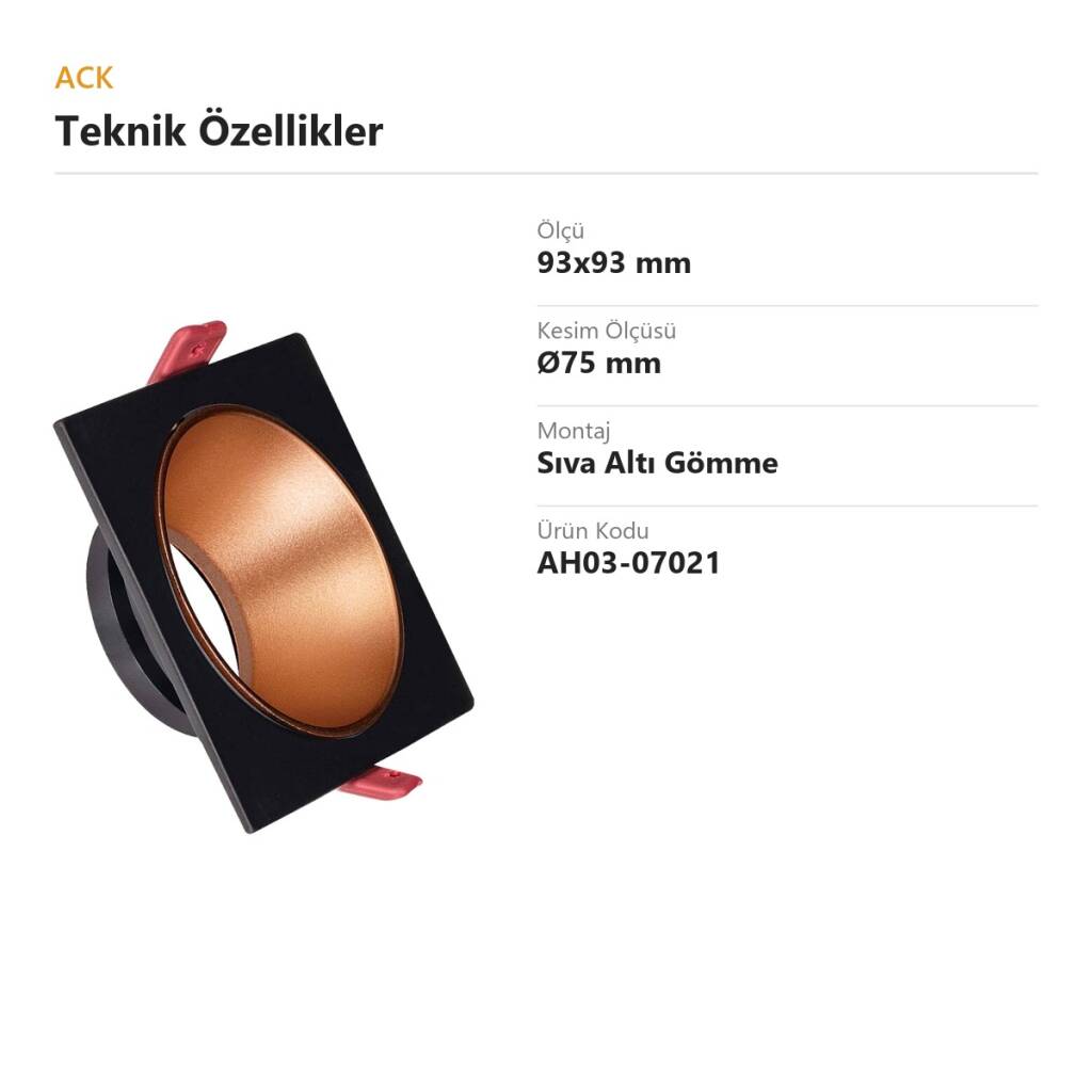 ACK Alüminyum Boş Spot Kasası / Armatürü Kare (Tekli) (Siyah-Rose Gold) AH03-07021 - 4