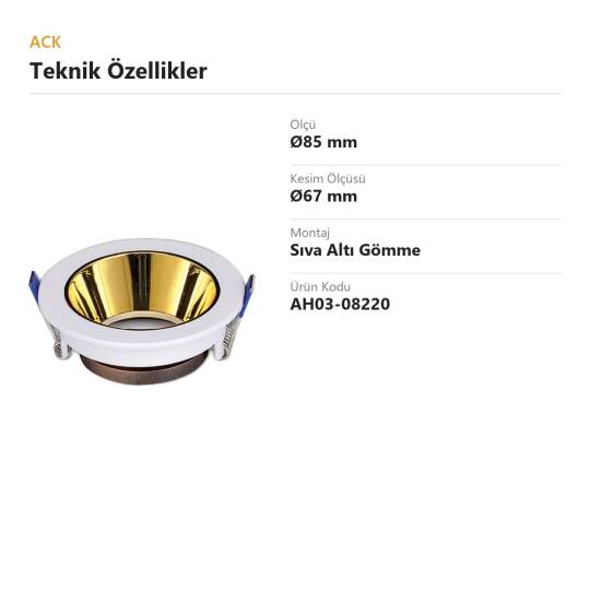 ACK Alüminyum Boş Spot Kasası / Armatürü Yuvarlak (Beyaz-Gold) AH03-08220 - 4