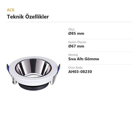ACK Alüminyum Boş Spot Kasası / Armatürü Yuvarlak (Beyaz-Platin) AH03-08230 - 4