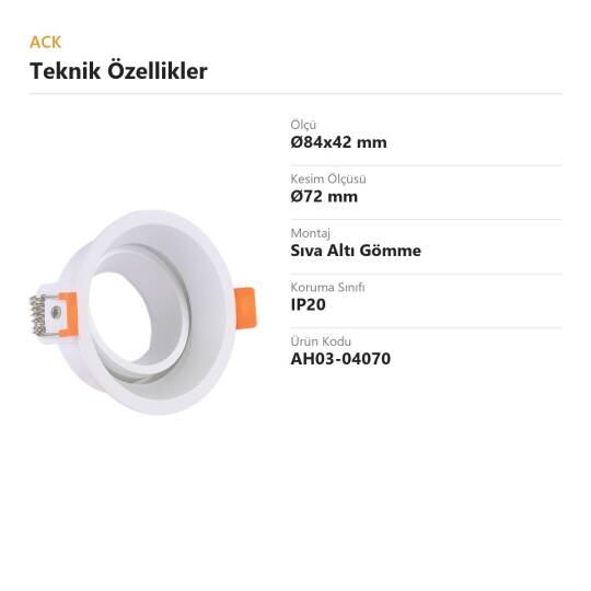 ACK Alüminyum Boş Spot Kasası / Armatürü Yuvarlak (Hareketli İç Göbek) (Beyaz) AH03-04070 - 4
