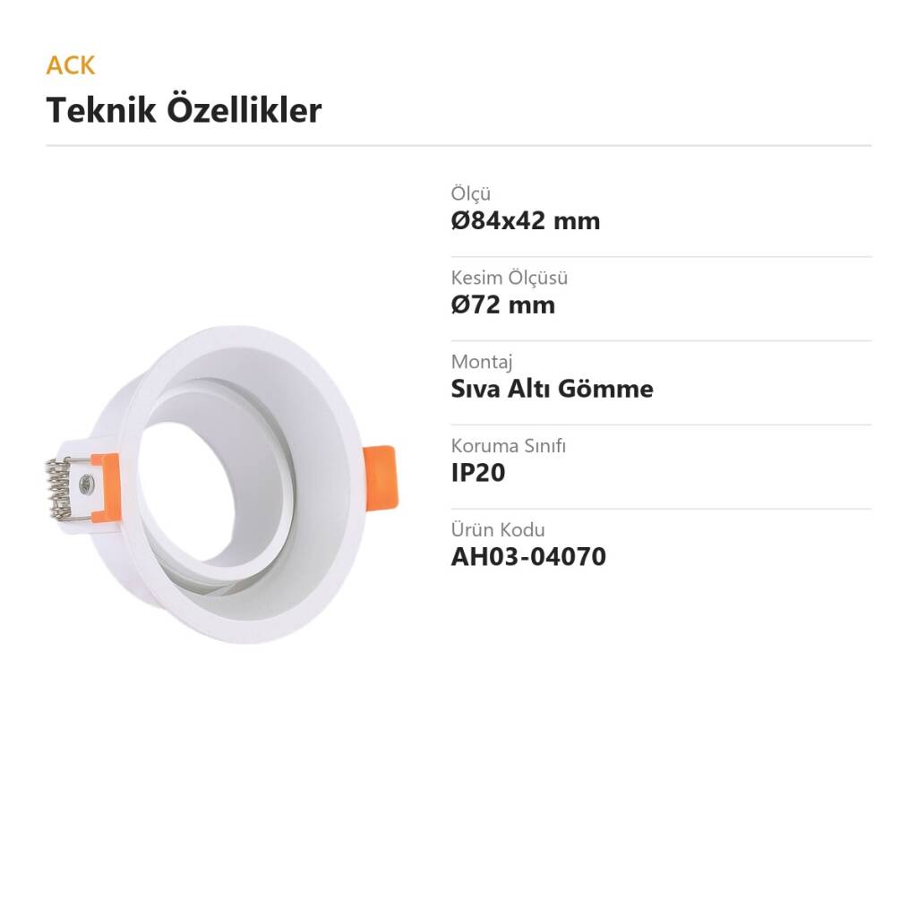 ACK Alüminyum Boş Spot Kasası / Armatürü Yuvarlak (Hareketli İç Göbek) (Beyaz) AH03-04070 - 4