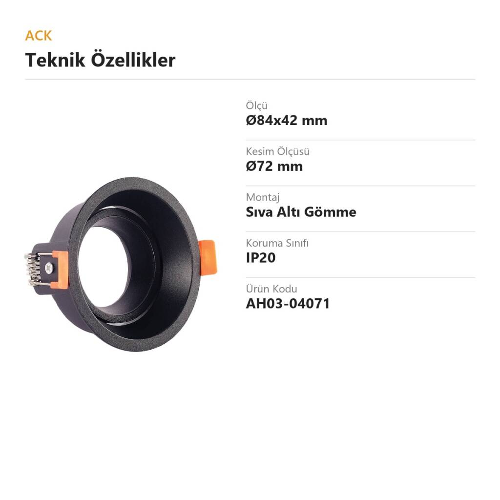 ACK Alüminyum Boş Spot Kasası / Armatürü Yuvarlak (Hareketli İç Göbek) (Siyah) AH03-04071 - 4