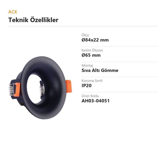 ACK Alüminyum Boş Spot Kasası / Armatürü Yuvarlak (İnce) (Siyah) AH03-04051 - 4