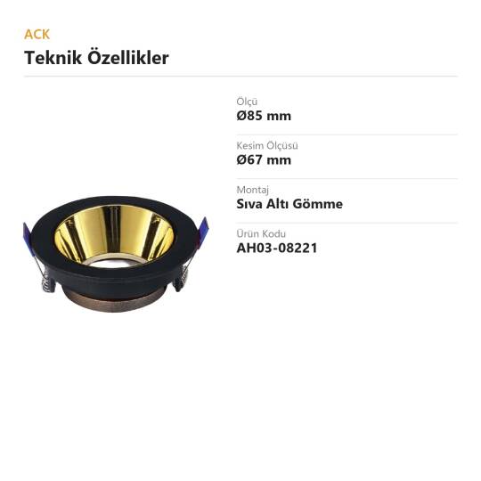 ACK Alüminyum Boş Spot Kasası / Armatürü Yuvarlak (Siyah-Gold) AH03-08221 - 4