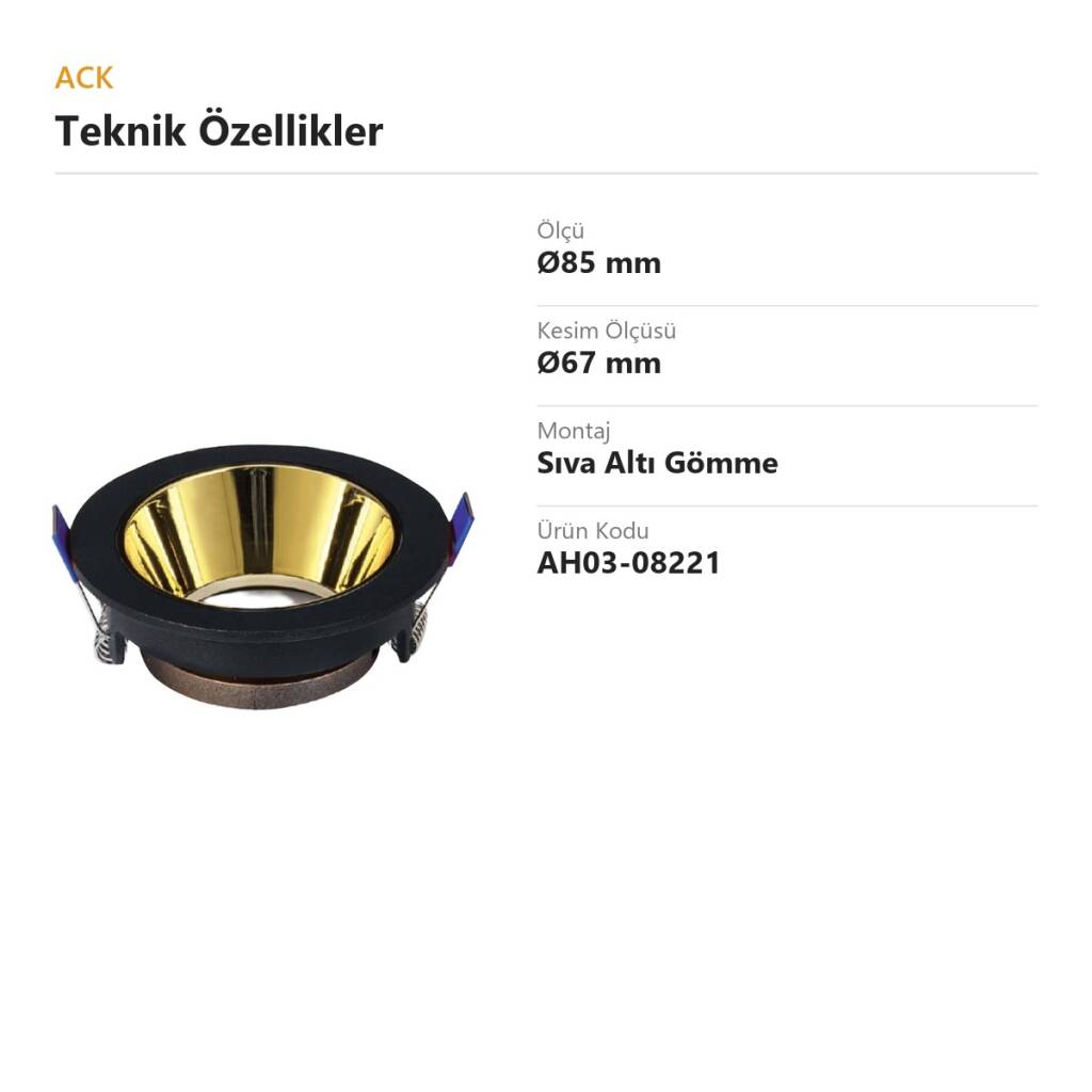ACK Alüminyum Boş Spot Kasası / Armatürü Yuvarlak (Siyah-Gold) AH03-08221 - 4
