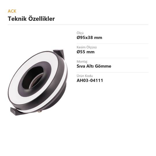 ACK Alüminyum Boş Spot Kasası / Armatürü Yuvarlak (Siyah-Siyah (Çizgili)) AH03-04111 - 4