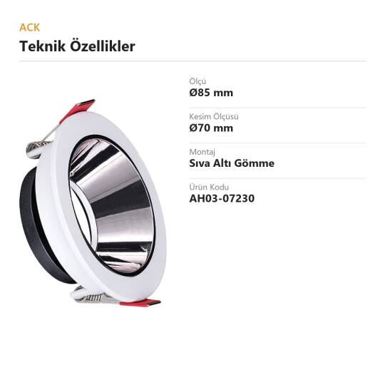 ACK Alüminyum Boş Spot Kasası / Armatürü Yuvarlak (Tekli) (Beyaz-Platin Silver) AH03-07230 - 4