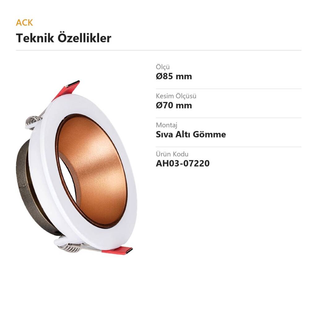 ACK Alüminyum Boş Spot Kasası / Armatürü Yuvarlak (Tekli) (Beyaz-Rose Gold) AH03-07220 - 4