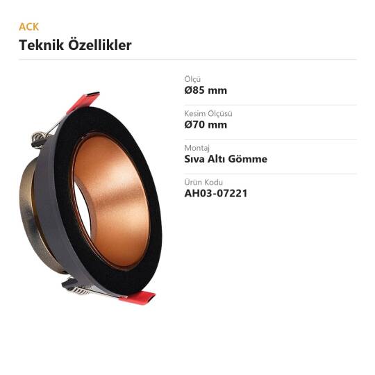 ACK Alüminyum Boş Spot Kasası / Armatürü Yuvarlak (Tekli) (Siyah-Rose Gold) AH03-07221 - 4