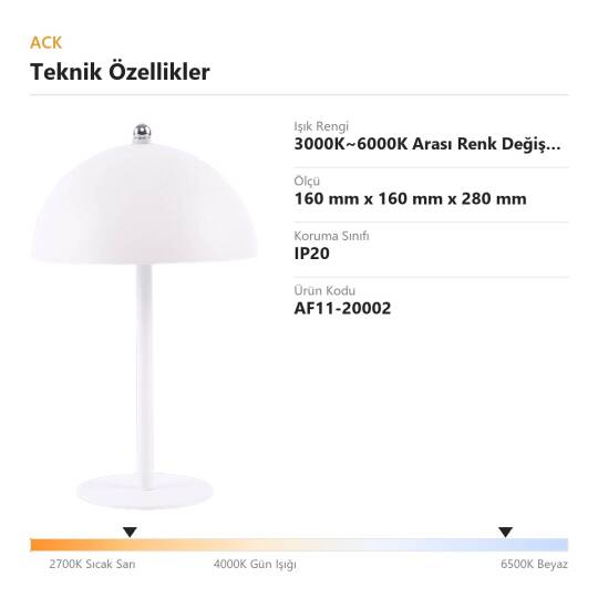 ACK Beyaz Metal Gövdeli LED Dokunmatik Masa Lambası (3000K~6000K) AF11-20002 - 4