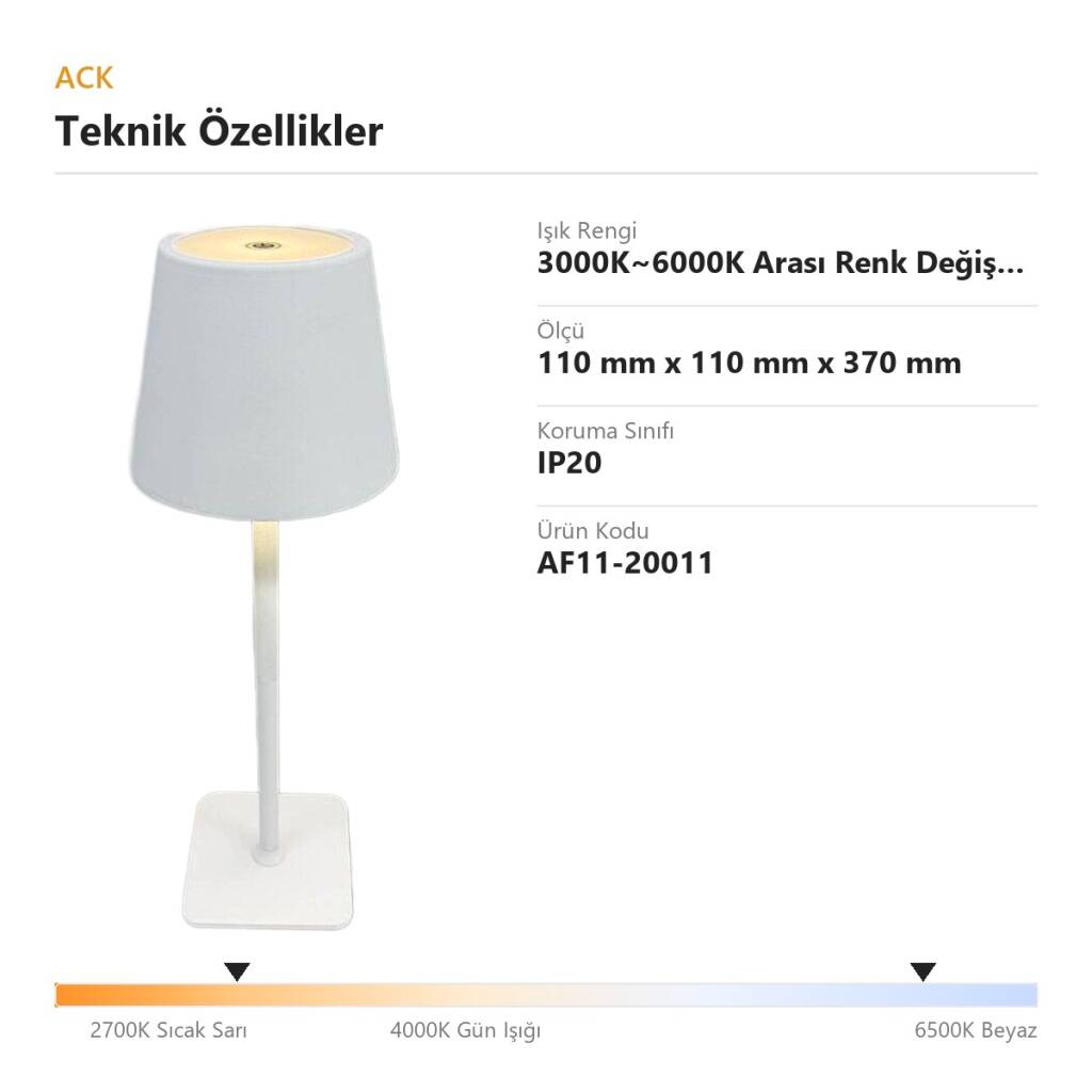 ACK Beyaz Metal Gövdeli LED Dokunmatik Masa Lambası (3000K~6000K) AF11-20011 - 4
