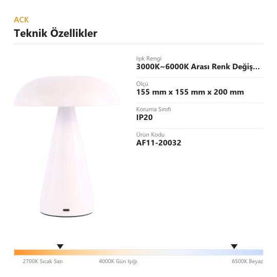 ACK Beyaz Metal Gövdeli LED Dokunmatik Masa Lambası (3000K~6000K) AF11-20032 - 4