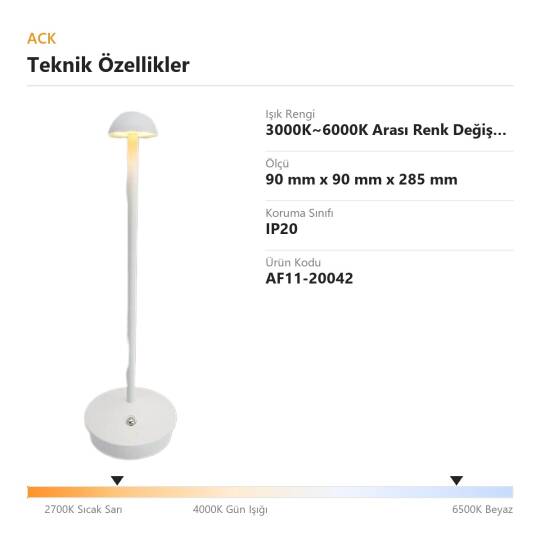 ACK Beyaz Metal Gövdeli LED Dokunmatik Masa Lambası (3000K~6000K) AF11-20042 - 4