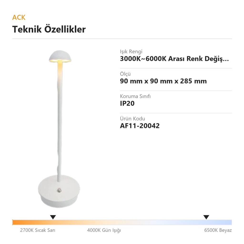 ACK Beyaz Metal Gövdeli LED Dokunmatik Masa Lambası (3000K~6000K) AF11-20042 - 4