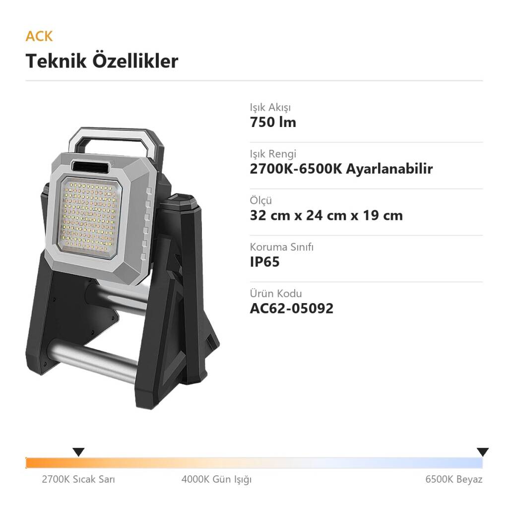 ACK Çok Fonksiyonlu Şarjlı LED Projektör (750-1500-3000lm, CCT Ayarlı) AC62-05092 - 4