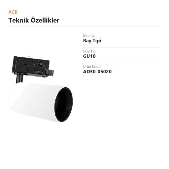 ACK GU10 Uyumlu Boş Ray Armatürü Kasası (Beyaz) AD30-05020 - 4