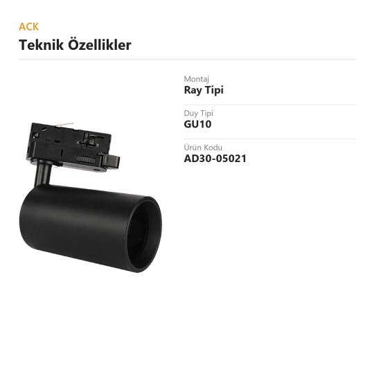 ACK GU10 Uyumlu Boş Ray Armatürü Kasası (Siyah) AD30-05021 - 4
