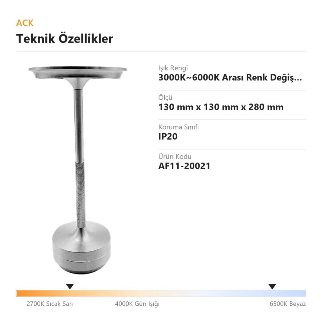 ACK Gümüş Metal Gövdeli LED Dokunmatik Masa Lambası (3000K~6000K) AF11-20021 - 4