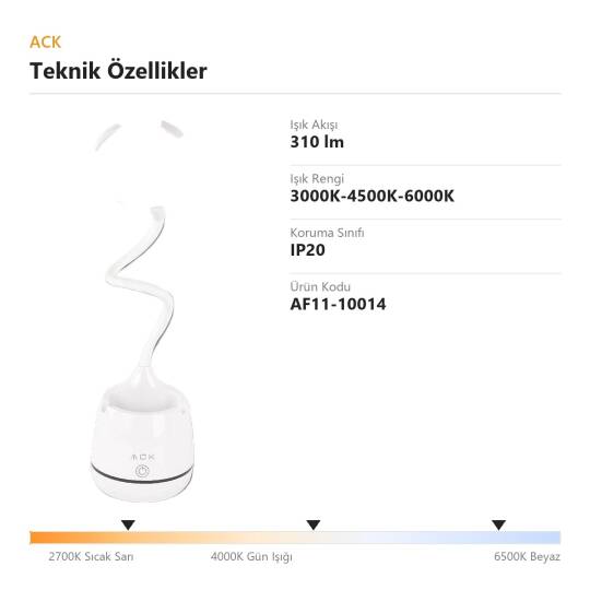 ACK Kalemlikli Esnek Boyunlu LED Dokunmatik Masa Lambası (310lm) AF11-10014 - 4