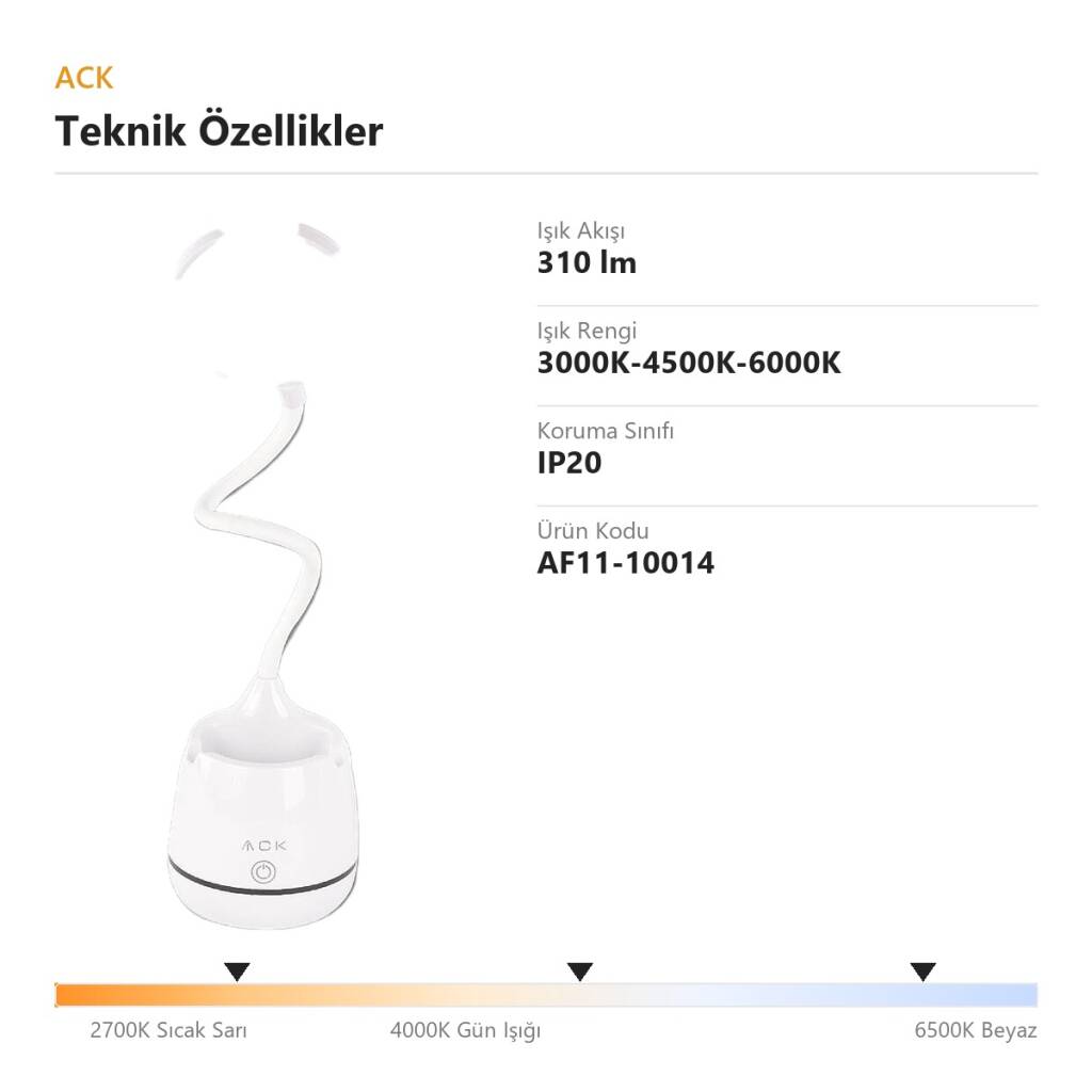 ACK Kalemlikli Esnek Boyunlu LED Dokunmatik Masa Lambası (310lm) AF11-10014 - 4