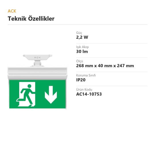 ACK LED Acil Çıkış Yönlendirme Tabelası (Aşağı Ok Yönlendirmeli) AC14-10753 - 4