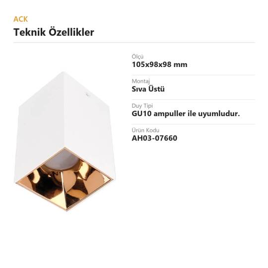 ACK Metal + PC Dekoratif Boş Spot Kasası / Armatürü Kare (Sıva Üstü) (Beyaz-Gold) GU10 Uyumlu AH03-07660 - 4