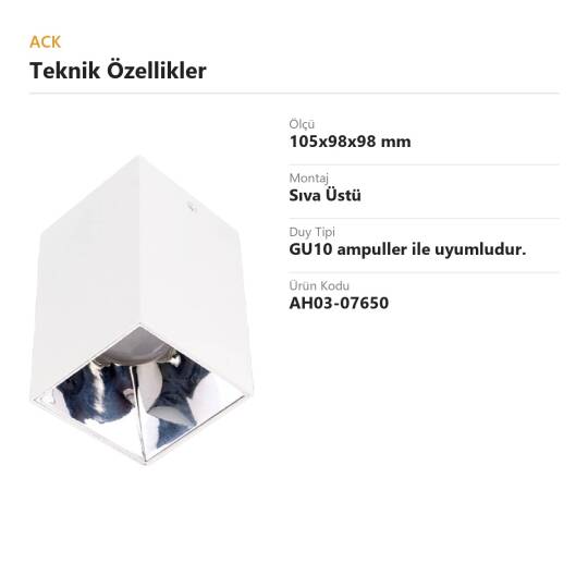 ACK Metal + PC Dekoratif Boş Spot Kasası / Armatürü Kare (Sıva Üstü) (Beyaz-Platin) GU10 Uyumlu AH03-07650 - 4