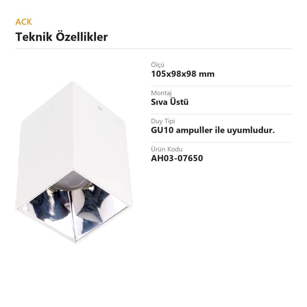 ACK Metal + PC Dekoratif Boş Spot Kasası / Armatürü Kare (Sıva Üstü) (Beyaz-Platin) GU10 Uyumlu AH03-07650 - 4