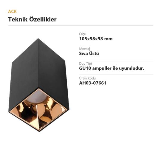 ACK Metal + PC Dekoratif Boş Spot Kasası / Armatürü Kare (Sıva Üstü) (Siyah-Gold) GU10 Uyumlu AH03-07661 - 4