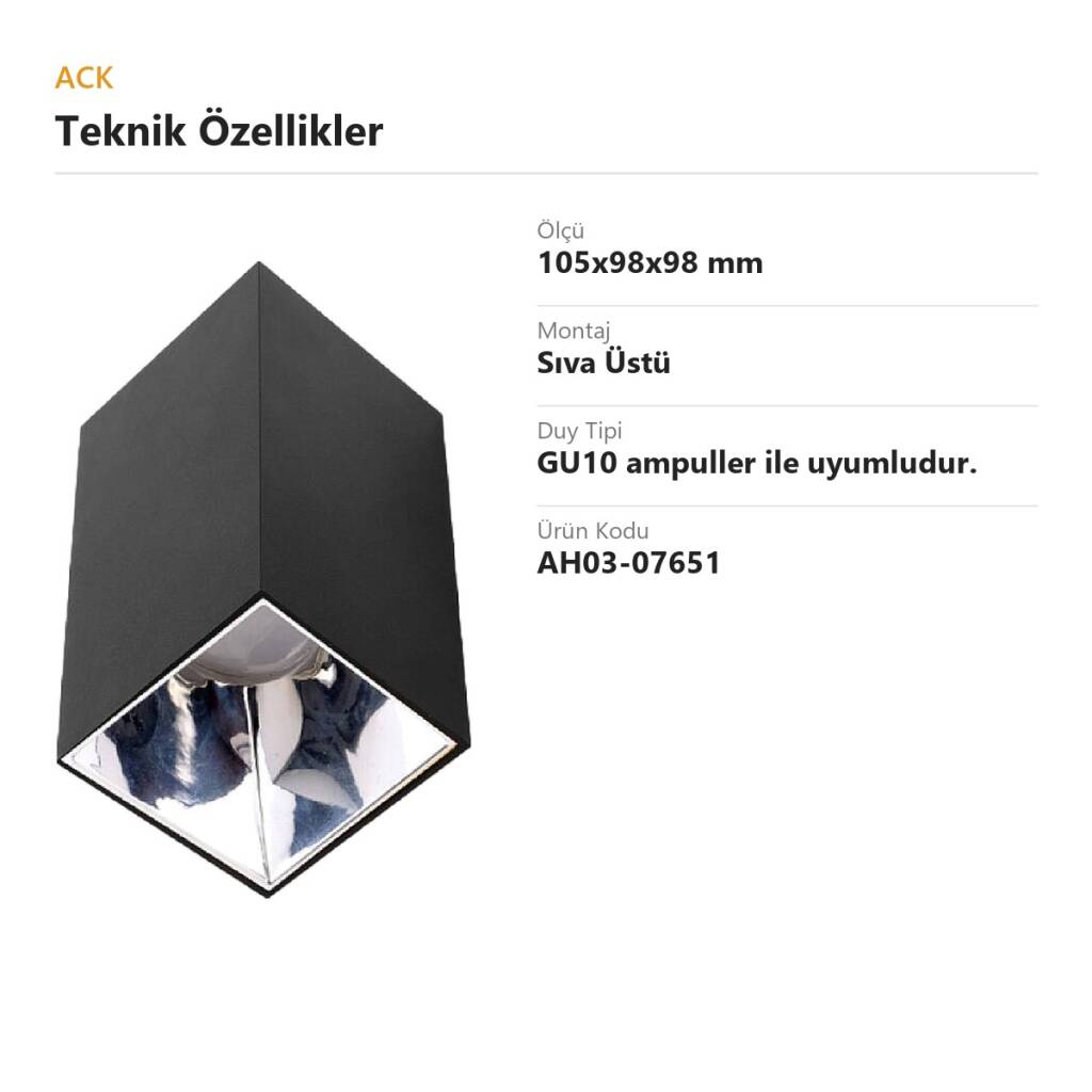 ACK Metal + PC Dekoratif Boş Spot Kasası / Armatürü Kare (Sıva Üstü) (Siyah-Platin) GU10 Uyumlu AH03-07651 - 4