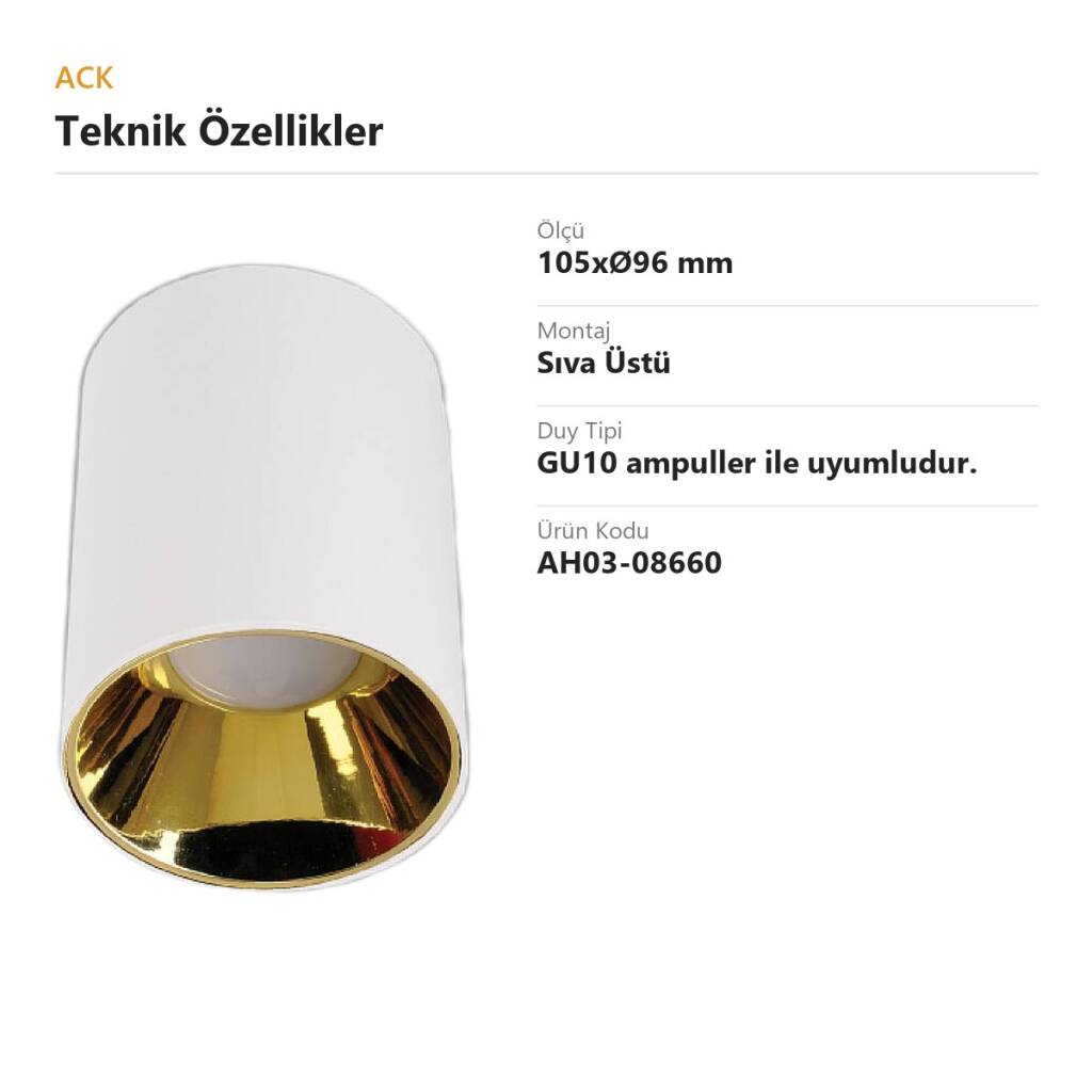 ACK Metal + PC Dekoratif Boş Spot Kasası / Armatürü Silindir (Sıva Üstü) (Beyaz-Gold) GU10 Uyumlu AH03-08660 - 4