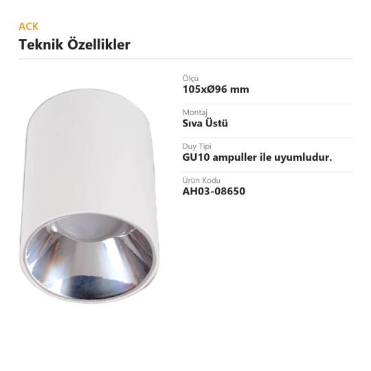 ACK Metal + PC Dekoratif Boş Spot Kasası / Armatürü Silindir (Sıva Üstü) (Beyaz-Platin) GU10 Uyumlu AH03-08650 - 4