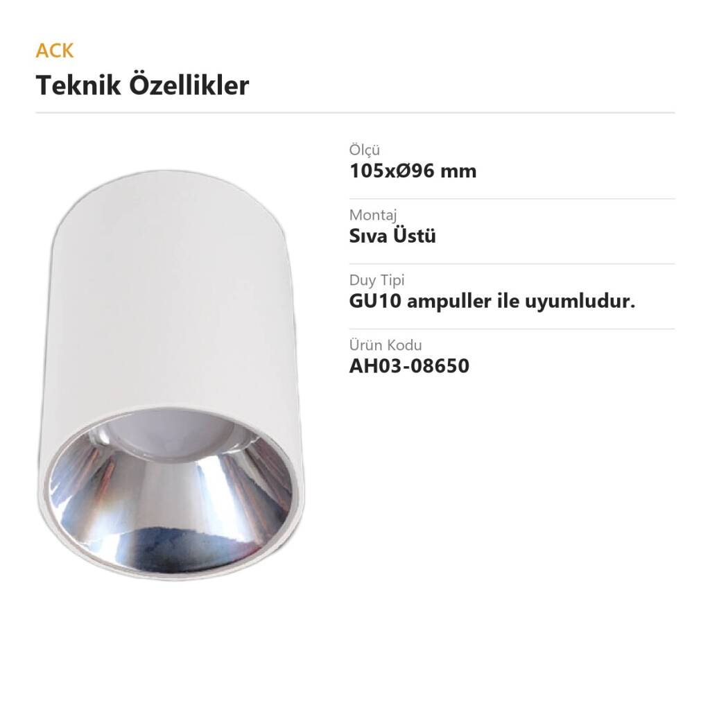 ACK Metal + PC Dekoratif Boş Spot Kasası / Armatürü Silindir (Sıva Üstü) (Beyaz-Platin) GU10 Uyumlu AH03-08650 - 4