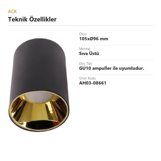 ACK Metal + PC Dekoratif Boş Spot Kasası / Armatürü Silindir (Sıva Üstü) (Siyah-Gold) GU10 Uyumlu AH03-08661 - 4