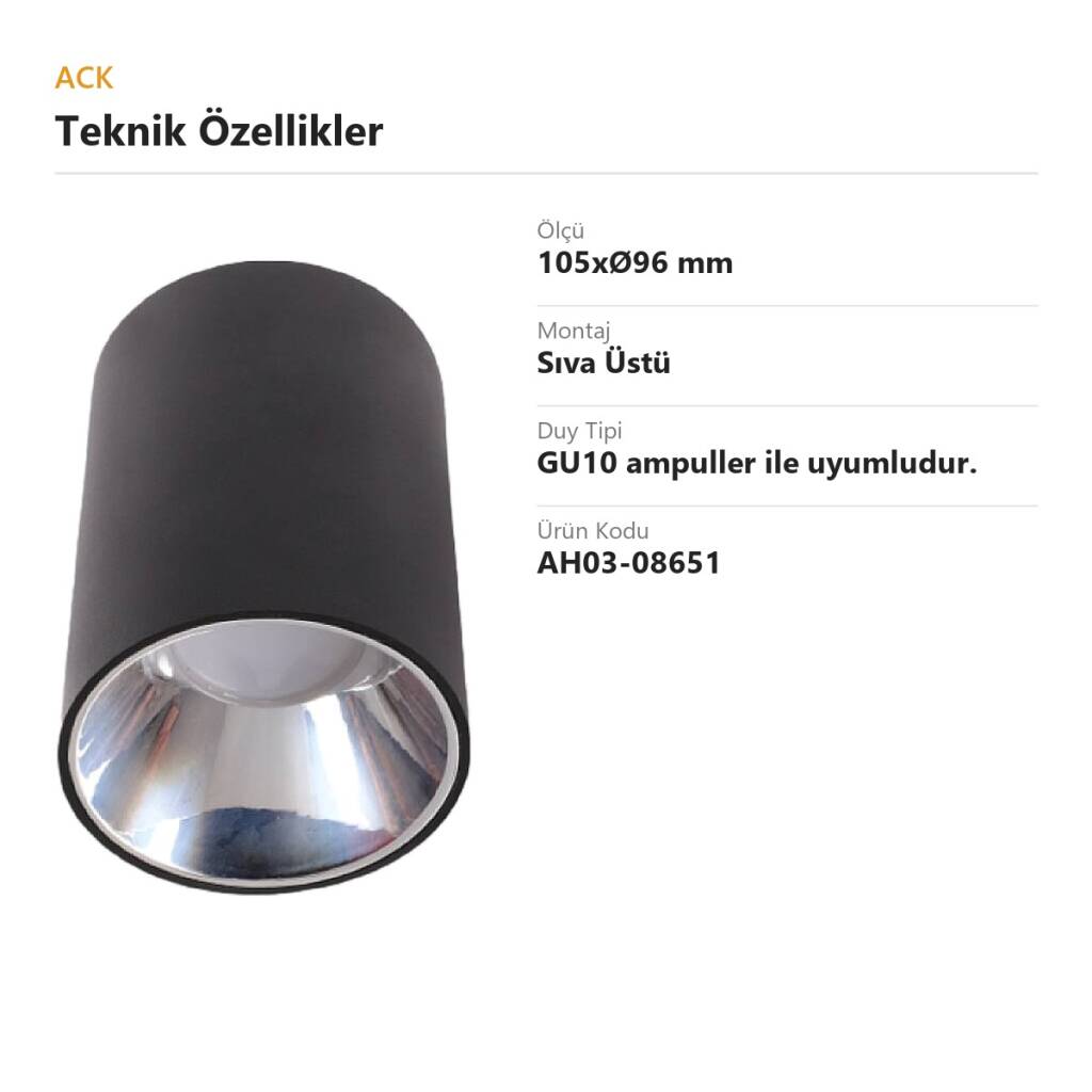 ACK Metal + PC Dekoratif Boş Spot Kasası / Armatürü Silindir (Sıva Üstü) (Siyah-Platin) GU10 Uyumlu AH03-08651 - 4