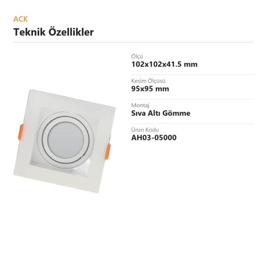 ACK Modüler (Birleştirilebilir) PC Boş Spot Kasası / Armatürü Kare Modüler (Beyaz-Beyaz) AH03-05000 - 4