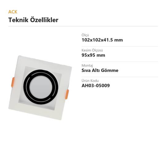 ACK Modüler (Birleştirilebilir) PC Boş Spot Kasası / Armatürü Kare Modüler (Beyaz-Siyah) AH03-05009 - 4