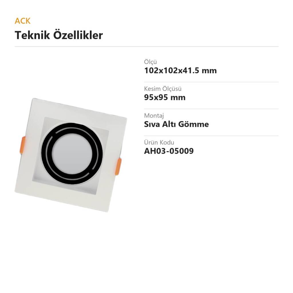 ACK Modüler (Birleştirilebilir) PC Boş Spot Kasası / Armatürü Kare Modüler (Beyaz-Siyah) AH03-05009 - 4
