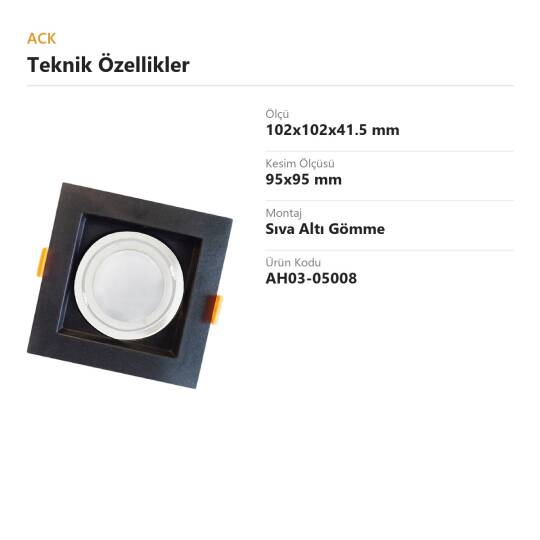 ACK Modüler (Birleştirilebilir) PC Boş Spot Kasası / Armatürü Kare Modüler (Siyah-Beyaz) AH03-05008 - 4