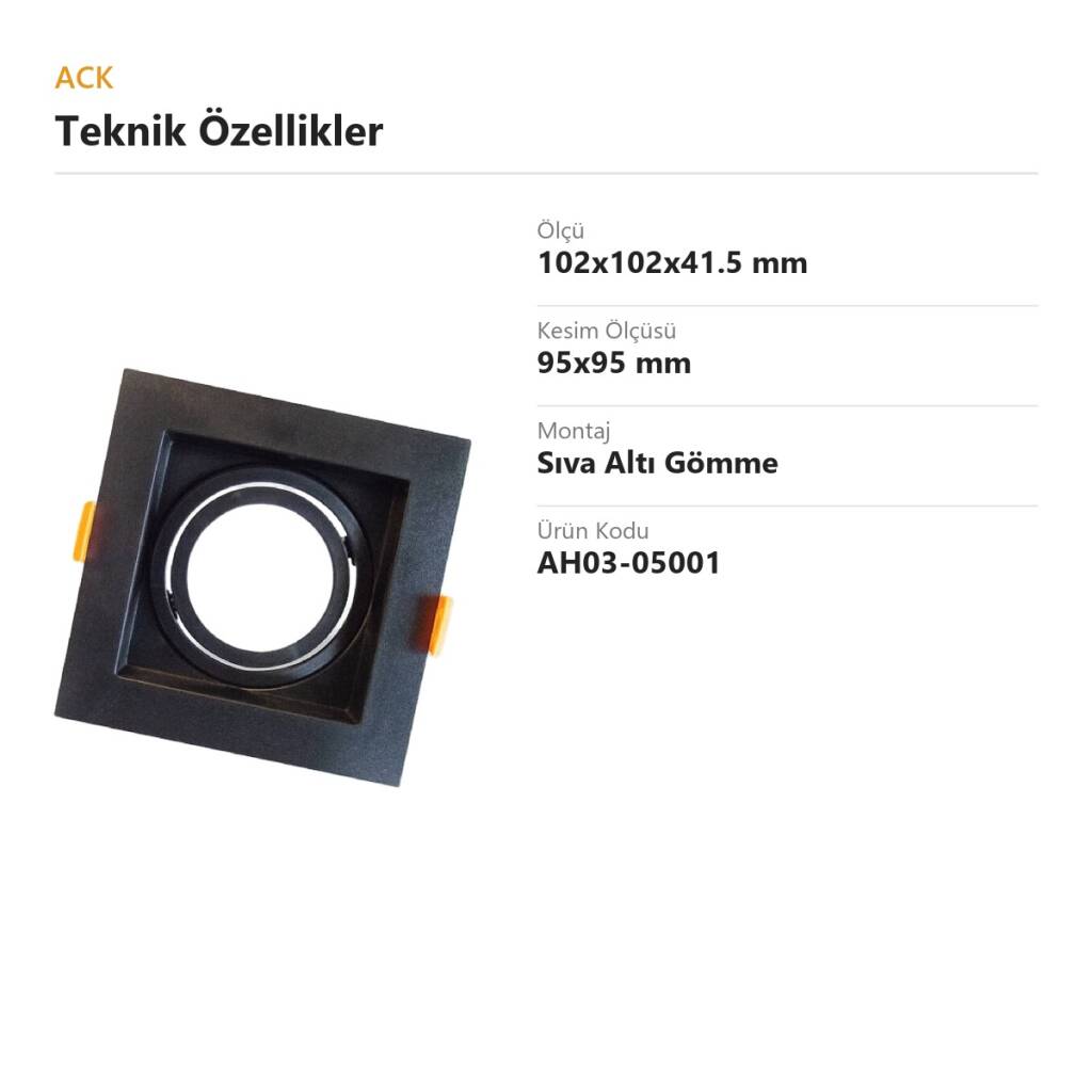 ACK Modüler (Birleştirilebilir) PC Boş Spot Kasası / Armatürü Kare Modüler (Siyah-Siyah) AH03-05001 - 4