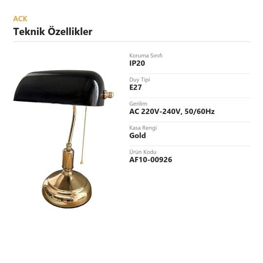 ACK Siyah Camlı Gold Kasa Banker Masa Lambası AF10-00926 - 4