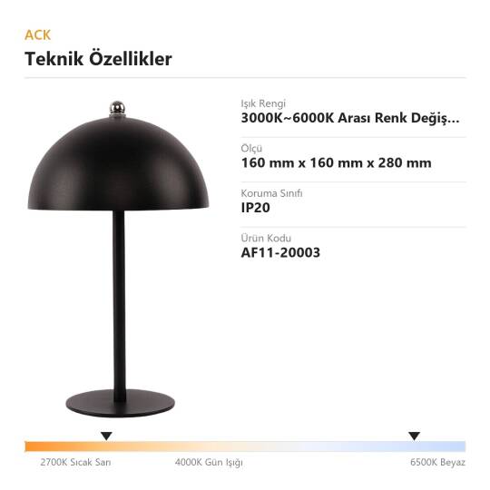 ACK Siyah Metal Gövdeli LED Dokunmatik Masa Lambası (3000K~6000K) AF11-20003 - 4