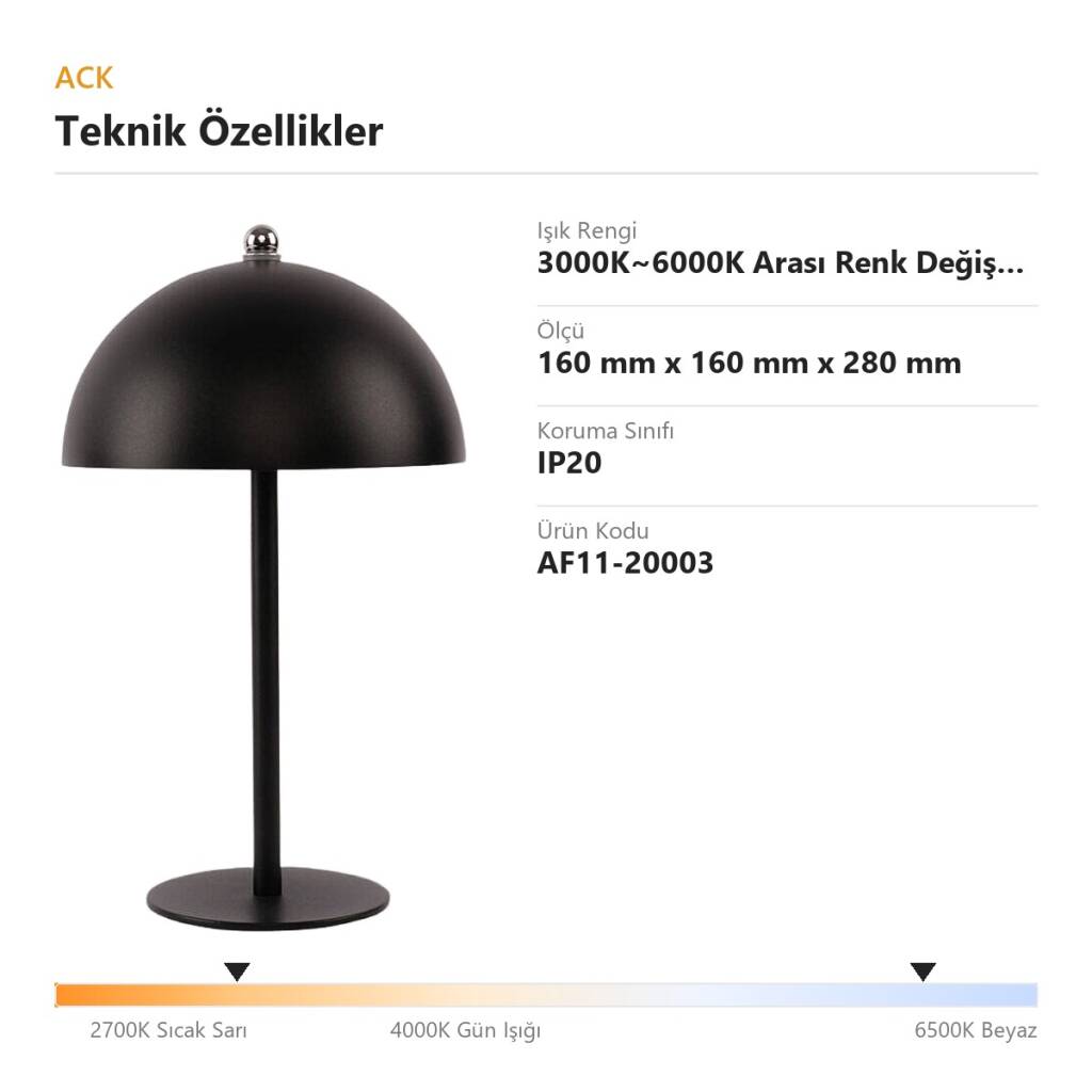 ACK Siyah Metal Gövdeli LED Dokunmatik Masa Lambası (3000K~6000K) AF11-20003 - 4