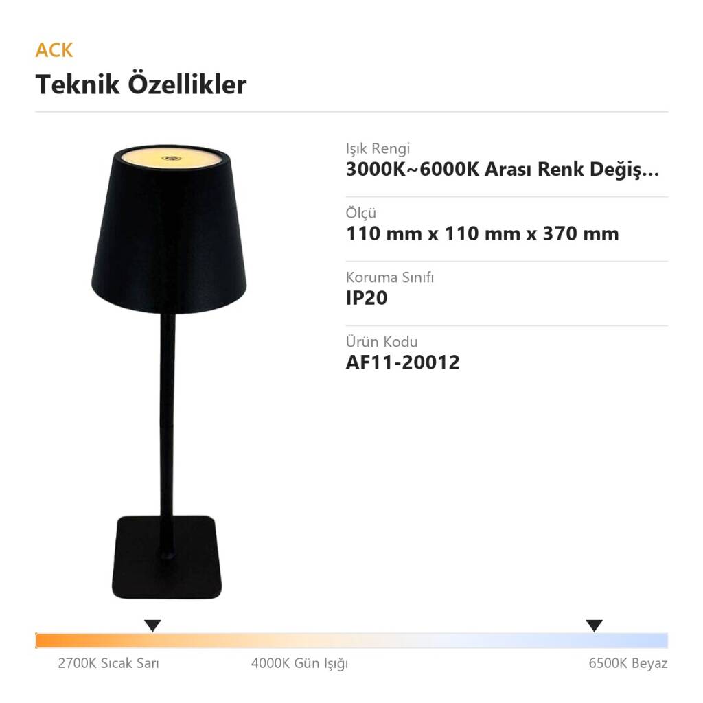 ACK Siyah Metal Gövdeli LED Dokunmatik Masa Lambası (3000K~6000K) AF11-20012 - 4