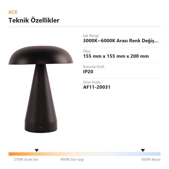 ACK Siyah Metal Gövdeli LED Dokunmatik Masa Lambası (3000K~6000K) AF11-20031 - 4
