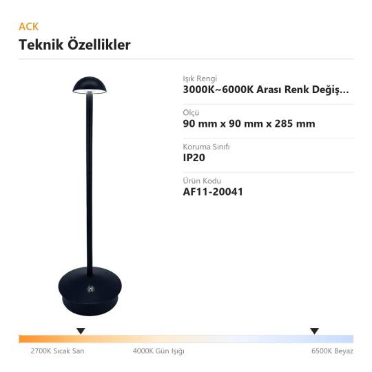 ACK Siyah Metal Gövdeli LED Dokunmatik Masa Lambası (3000K~6000K) AF11-20041 - 4